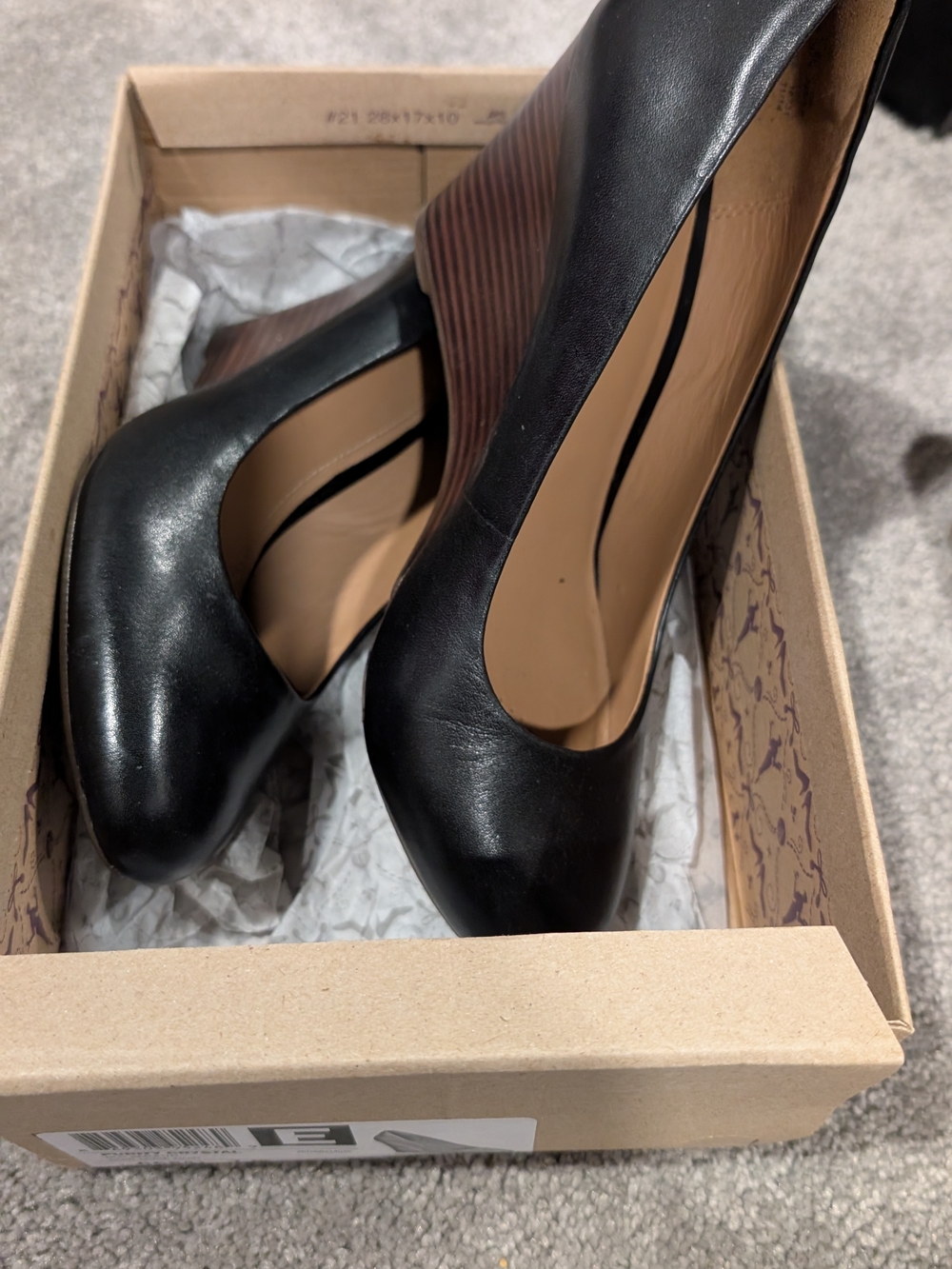 Clarks Black Leather Wedge Pumps with Wood-Effect Heel